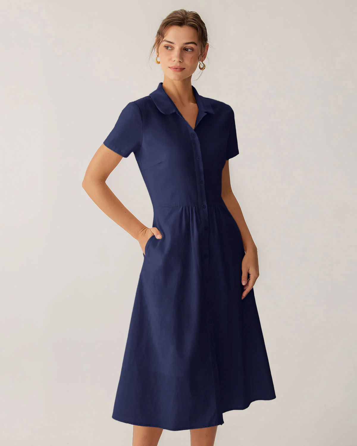 Navy Pocket Short Sleeve Midi Dress