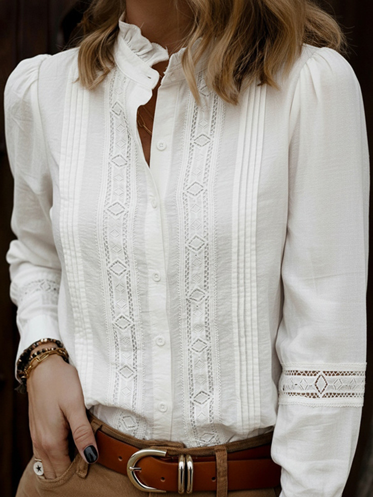 Women's Elegant Lace Floral Embroidered Linen Top