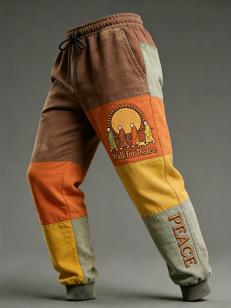 Walk For Peace Slogan Pattern Casual Color-blocked Long Pants