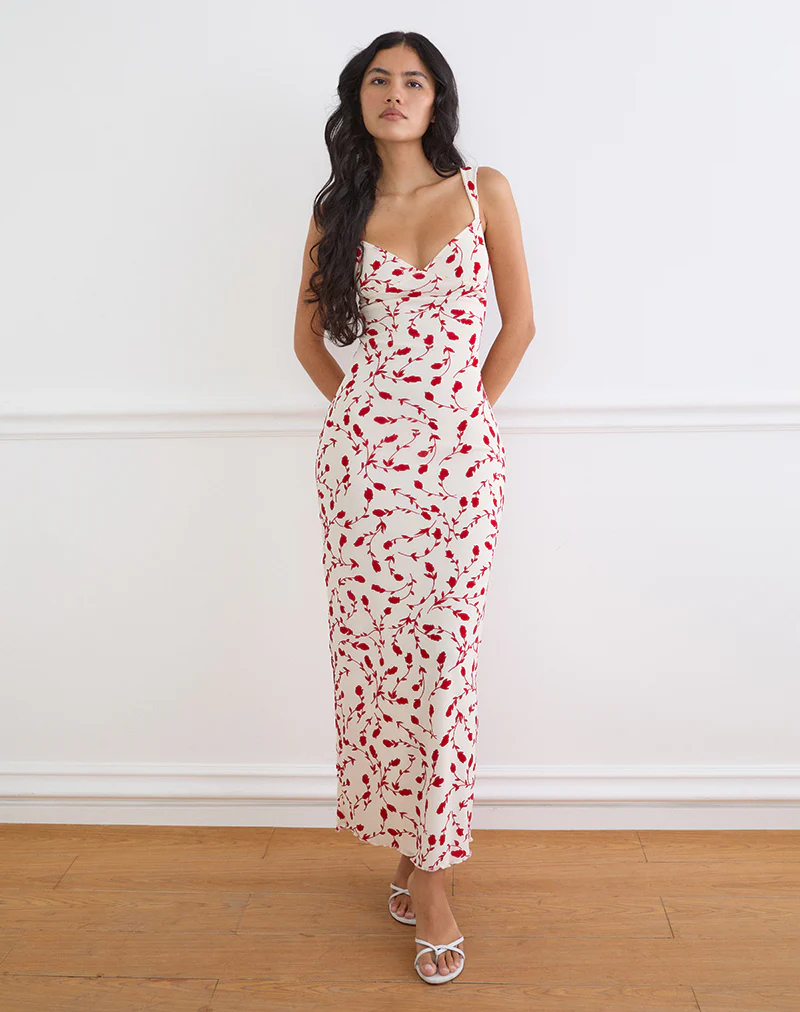 Sitiya Maxi Dress in Cream with Red Leafy Lily Flock
