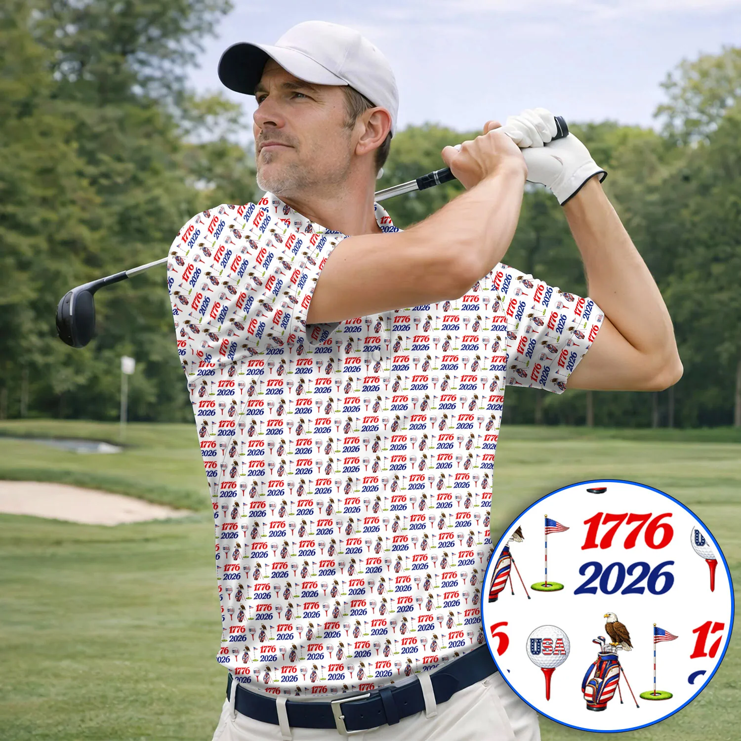 USA 1776–2026 Patriotic Golf Polos, American Flag & Eagle Pattern Golf Shirt, Golf Gift For Golfer