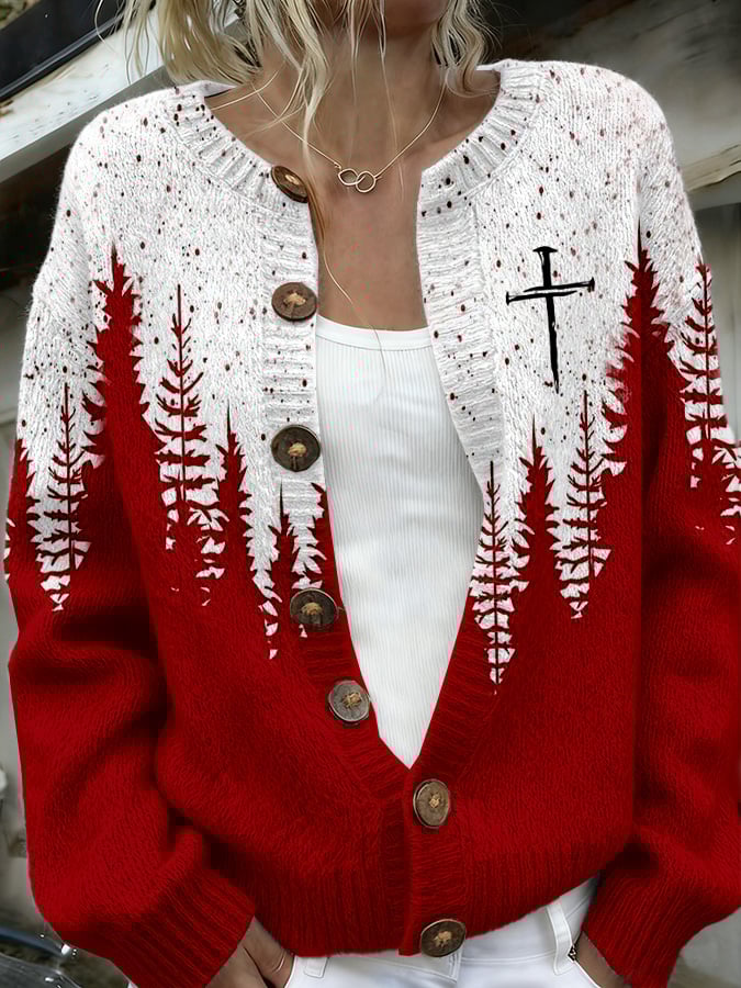 Women's Christmas Faith Print Button Knit Cardigan