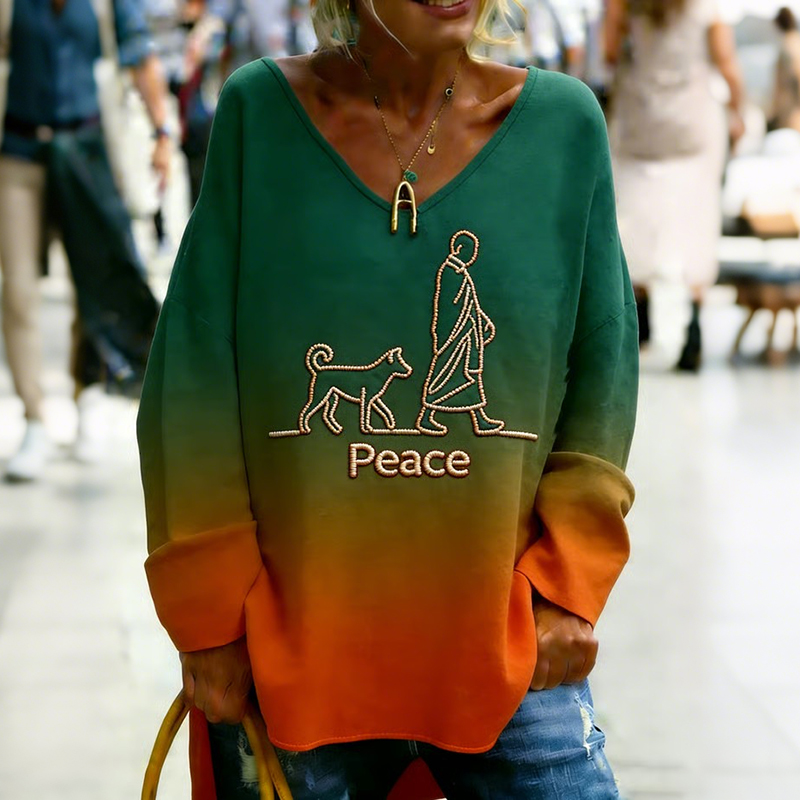Retro Walk For Peace Monks With Aloka Dog Gradient Print Casual T-shirt