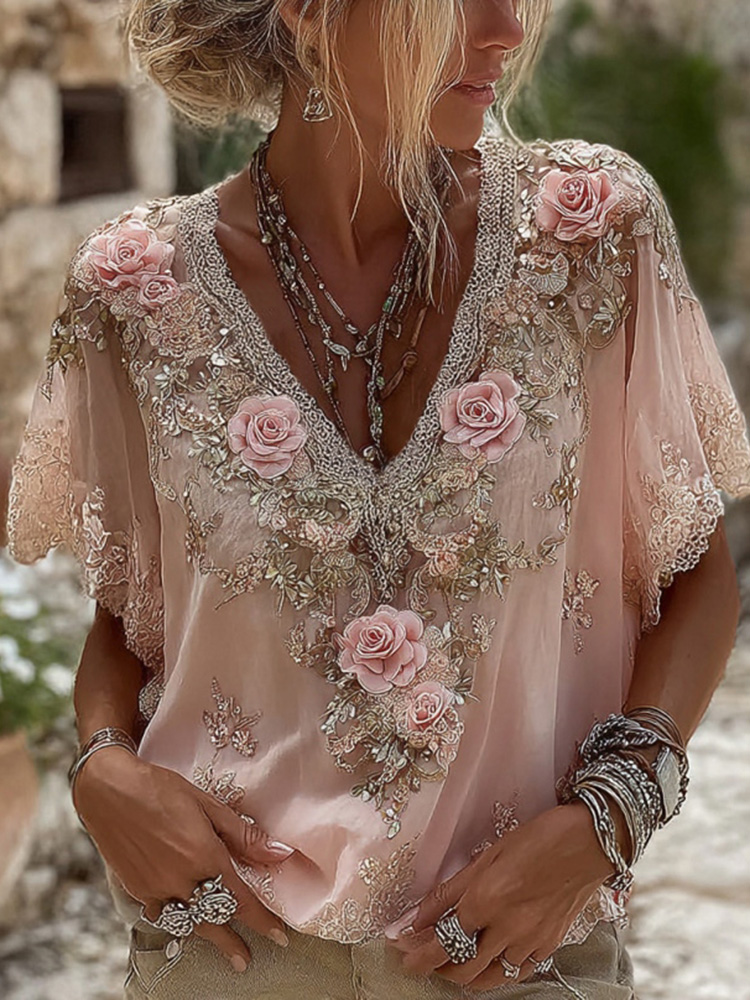 Women's Pink Roses Embroidered Art V-neck Short Sleeve Linen Blend T-shirt