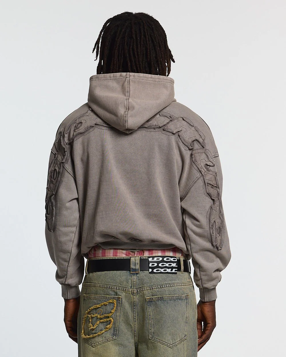 DISTRESS CURVED HOODIE WASHED GREY