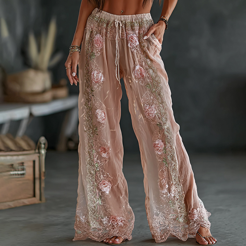 Women's Vintage Spring Floral Embroidered Art Print Flowy Linen Blend Casual Pants
