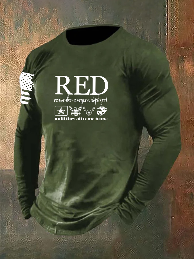 Men'S Red Remember Everyone Deployed Until They All Come Home Pattern Long Sleeve 100% Cotton T-Shirt