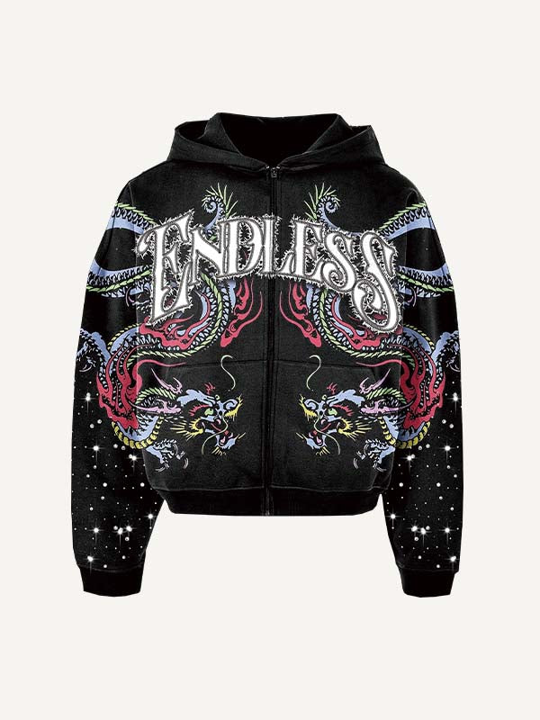 Dragon&Letter&Graphic Faux Decal Faux Rhinestones Print Zip Up Hooded Coat