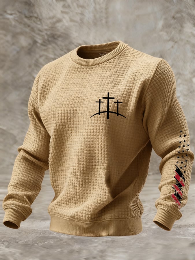 Men's Retro Faith Print Check Crew Neck Sweatshirt
