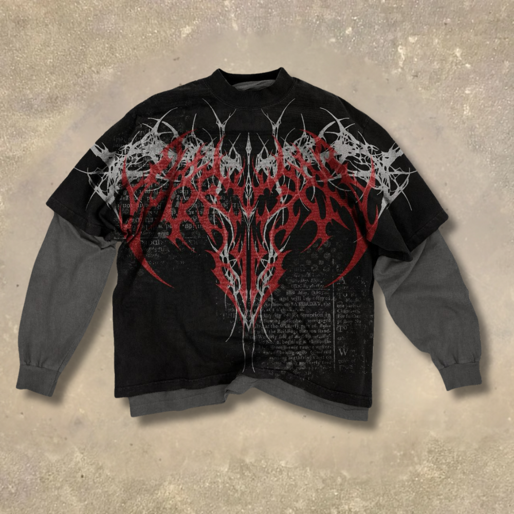 Dark Gothic Red Gray Thorn Fake Two-Piece Shirt