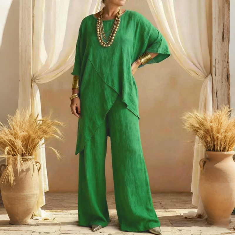Women's Comfy Linen Blend Flowy Double Layer Design Top And Pants Two-piece Set