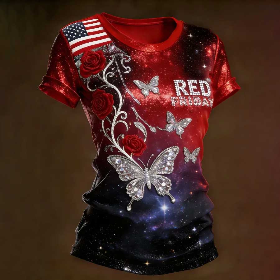 Women's Casual Red Friday Print Short-Sleeve T-Shirt