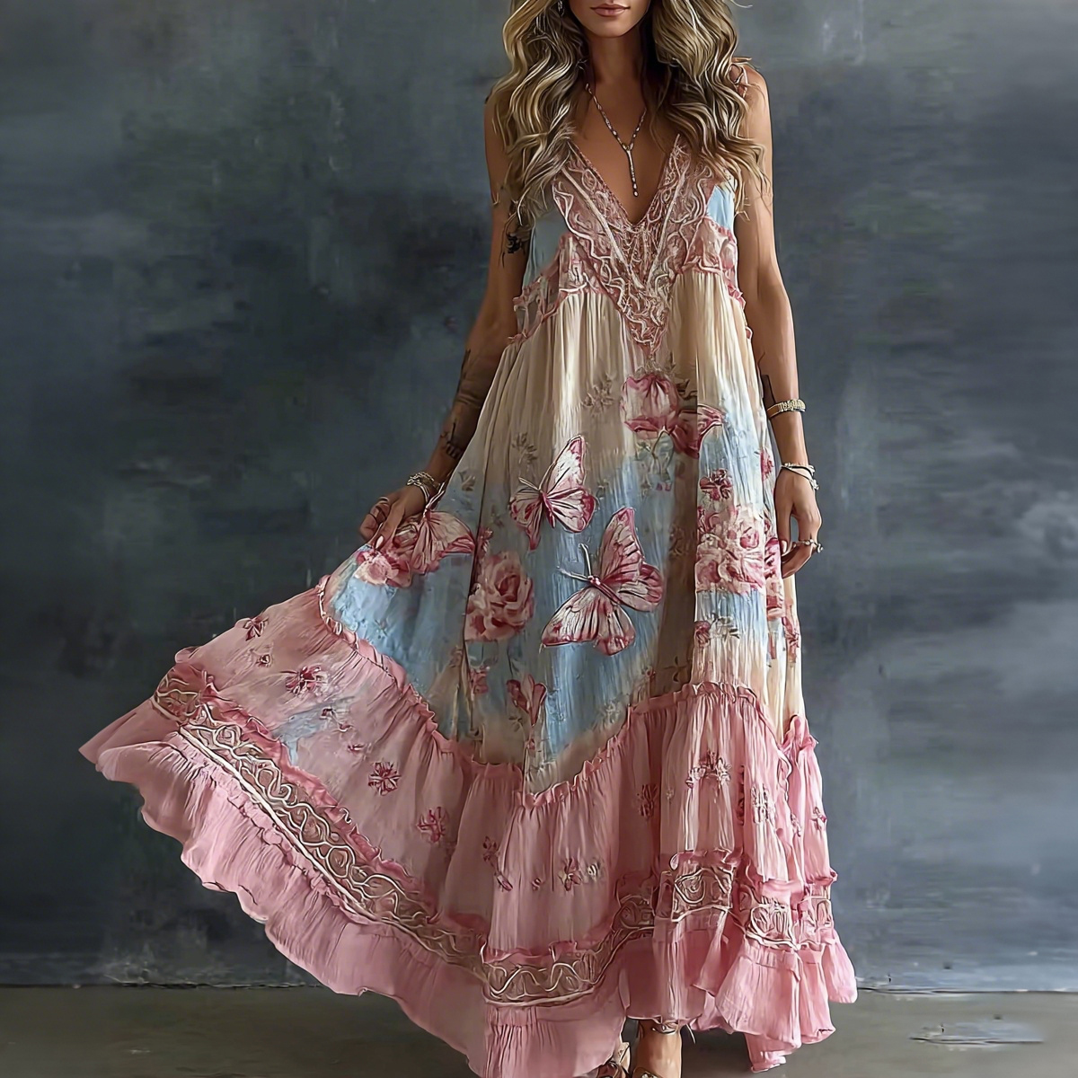 Women's Floral And Butterfly Art Print Flowy Linen Blend Casual Sleeveless Maxi Dress