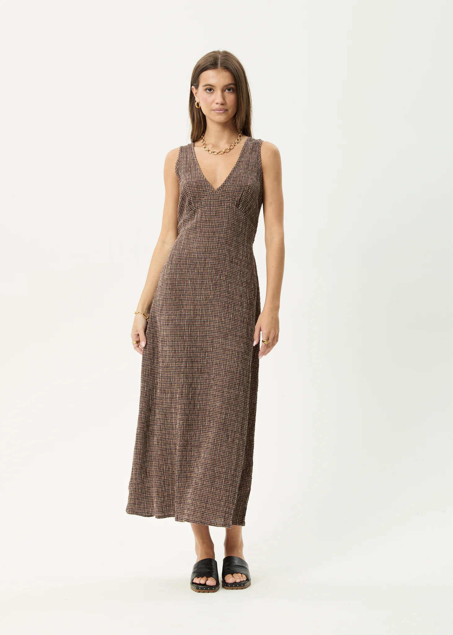 AFENDS Womens Hometown Tully - Seersucker Maxi Dress - Coffee
