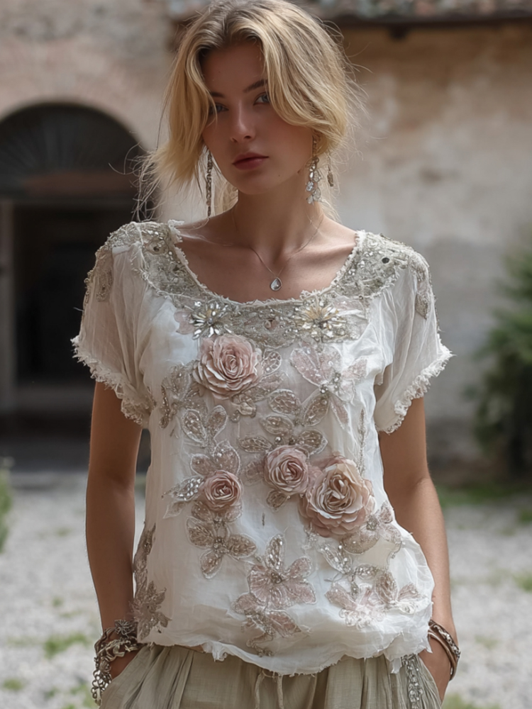 Vintage Bohemian Style Rose Sequin Casual Short Sleeve Shirt