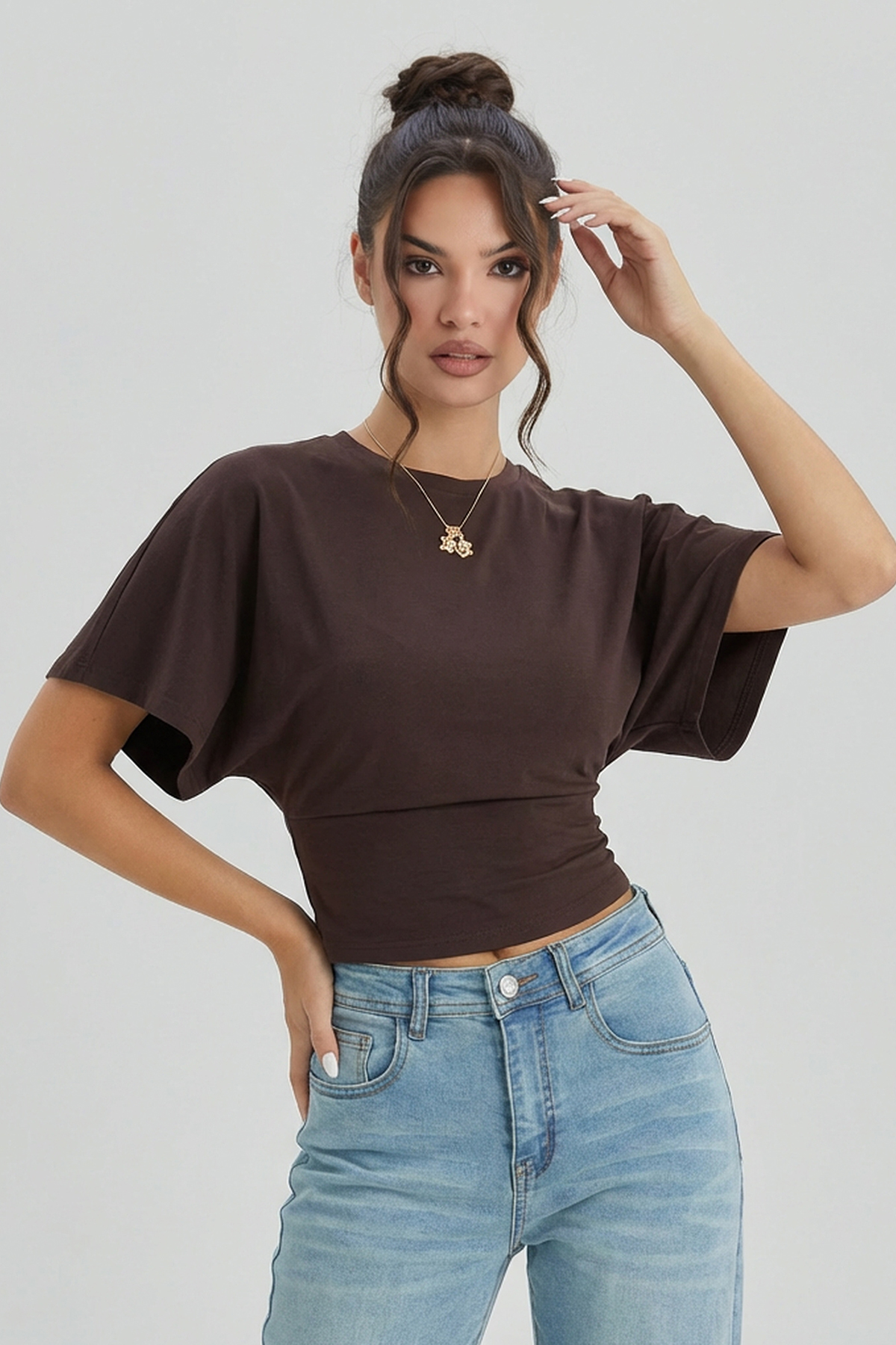 KatchMe Versatile Solid Color Crewneck Batwing Sleeve Cinched Waist Soft Top