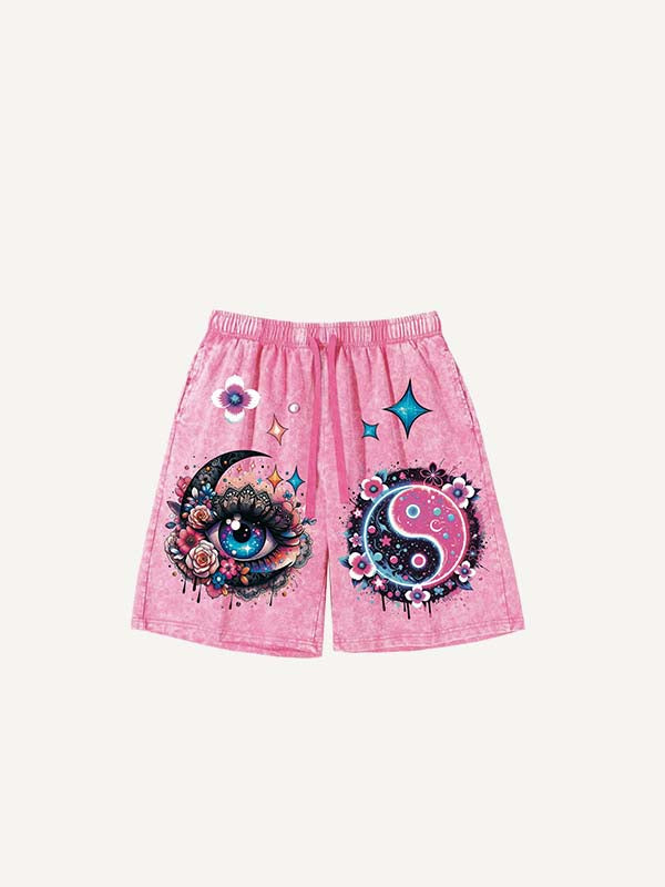 Distressed   Eye&Moon&Floral&Graphic Print Drawstring Waist Shorts