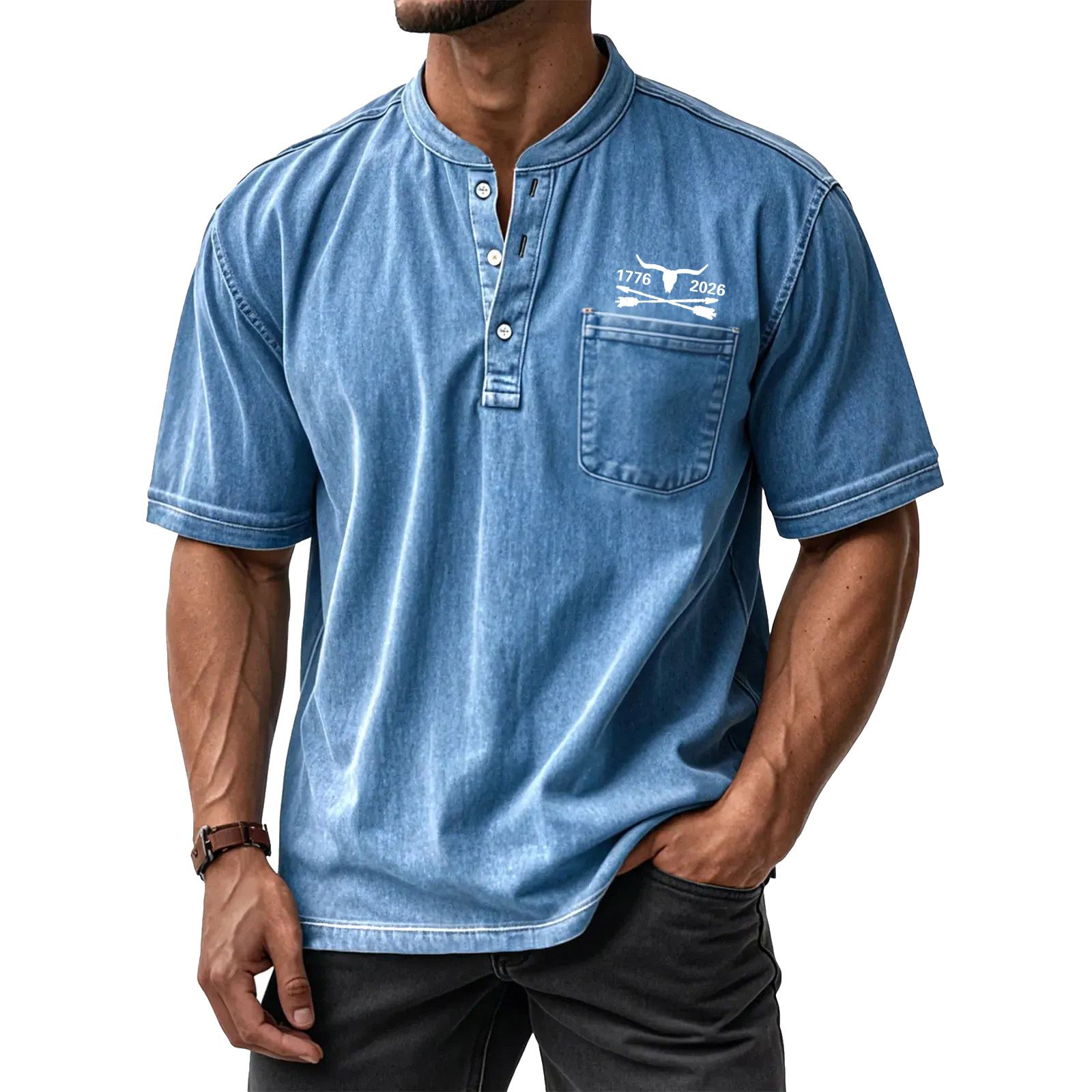 Men's Washed Cotton Short Sleeve Henley T-Shirt