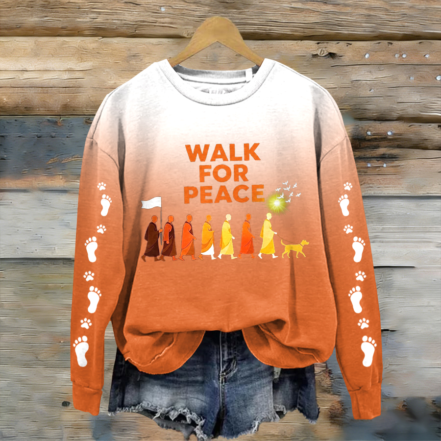 Women's Retro Walk For Peace Monks With Aloka Dog Gradient Print Sweatshirt