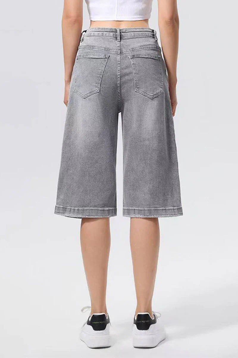 Classy Mid-Rise Asymmetrical Button Loose Straight Bermuda Shorts