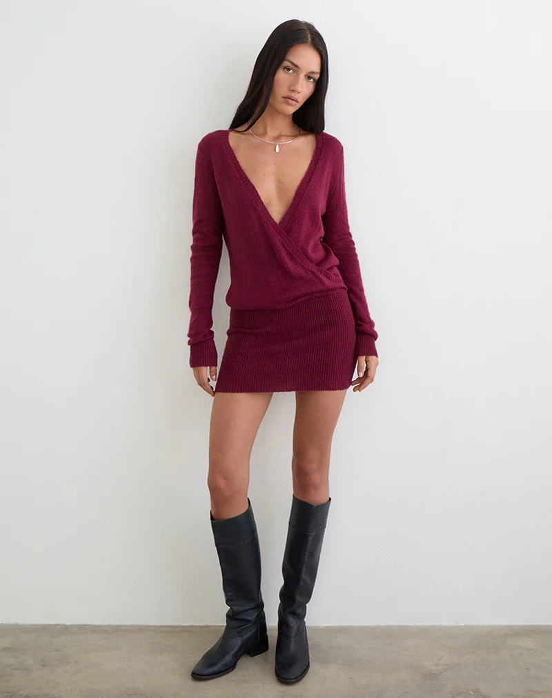 Junbi Wrap Mini Dress in Knit Wine