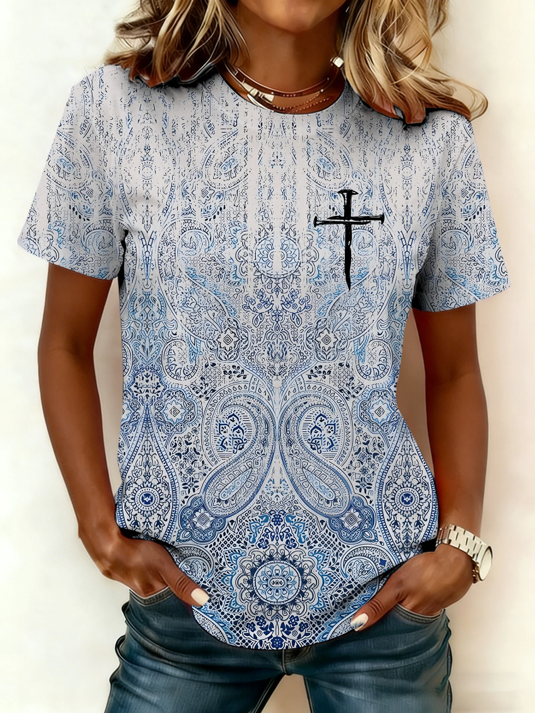 Women's Retro Faith Print Crew Neck T-Shirt-Fast Shipping