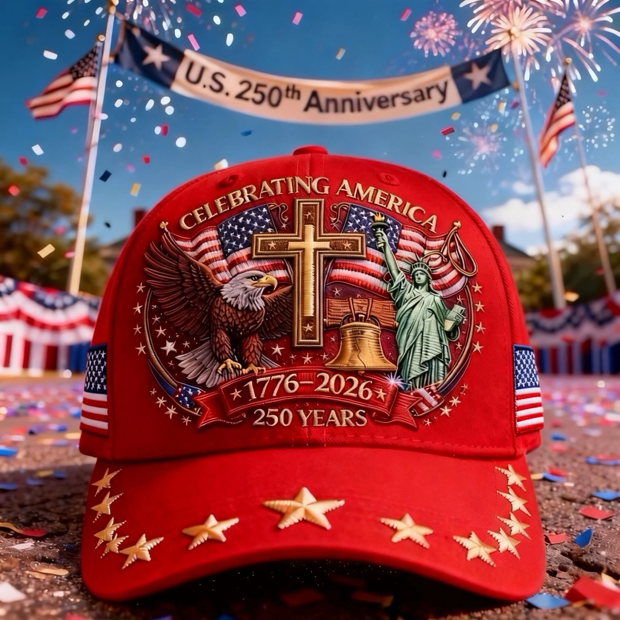 Unisex casual hat with a 250th anniversary of the United States commemorative print.