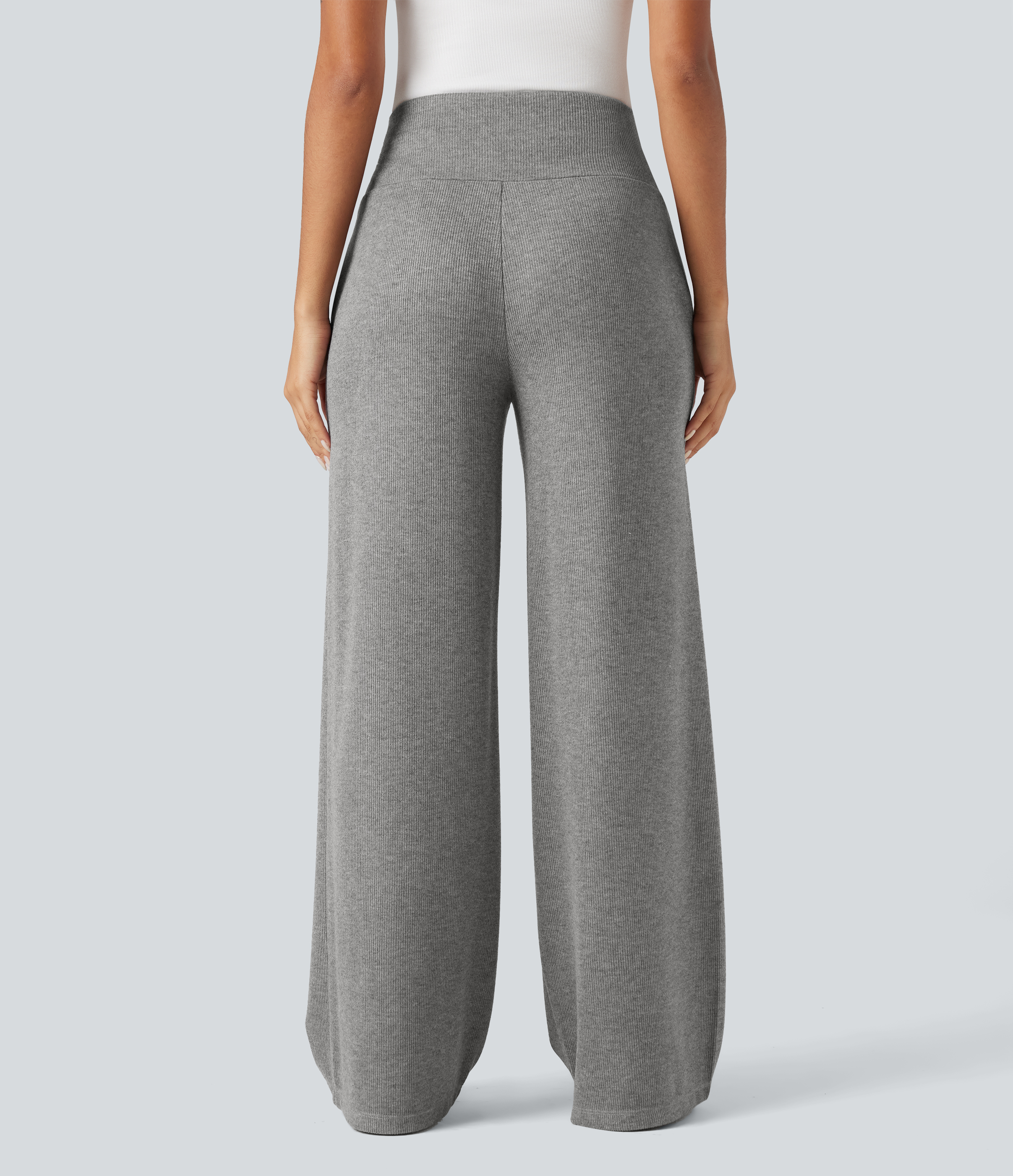 Ribbed Knit High Waisted Tummy Control Drawstring Casual Wide Leg Pants with Pockets