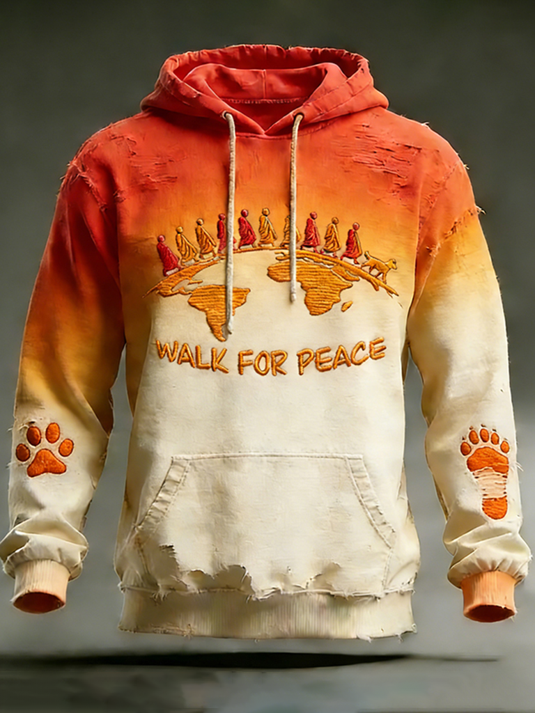 Vintage Walk For Peace Love In Every Step Gradient Print Distressed Hoodie