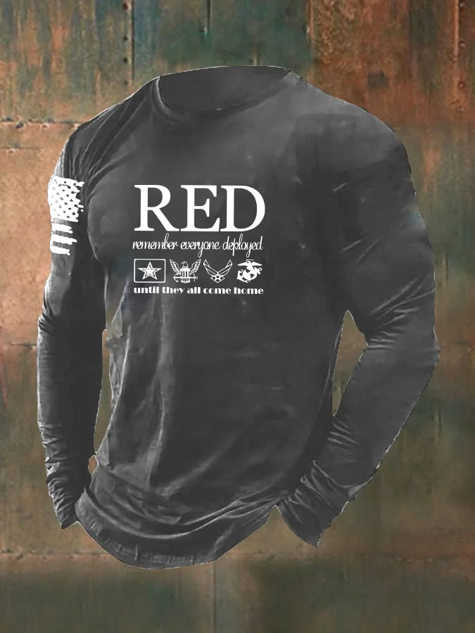 Men'S Red Remember Everyone Deployed Until They All Come Home Pattern Long Sleeve 100% Cotton T-Shirt