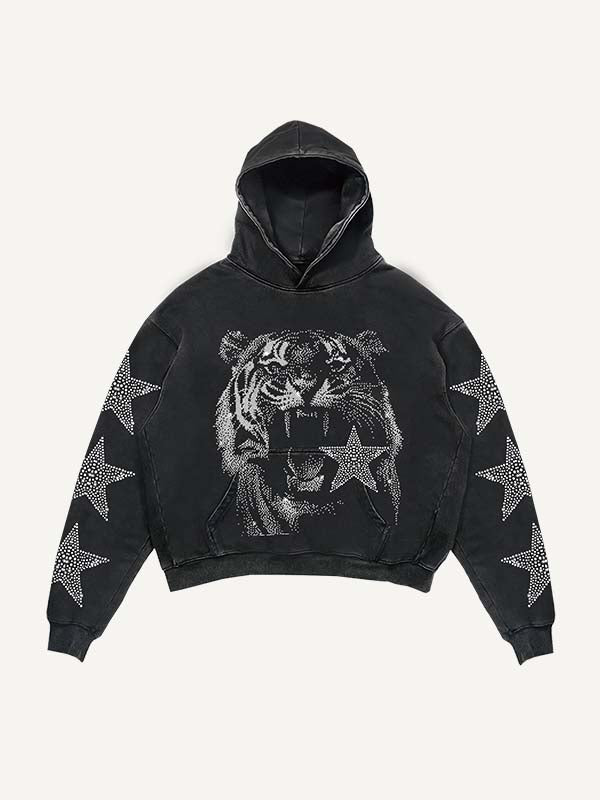 Tiger&Star&Letter Faux Rhinestones Print Slant Pockets Hoodie