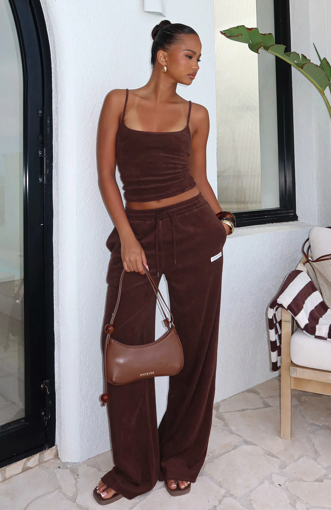 Causing Commotion Terry Wide Leg Sweatpants Chocolate