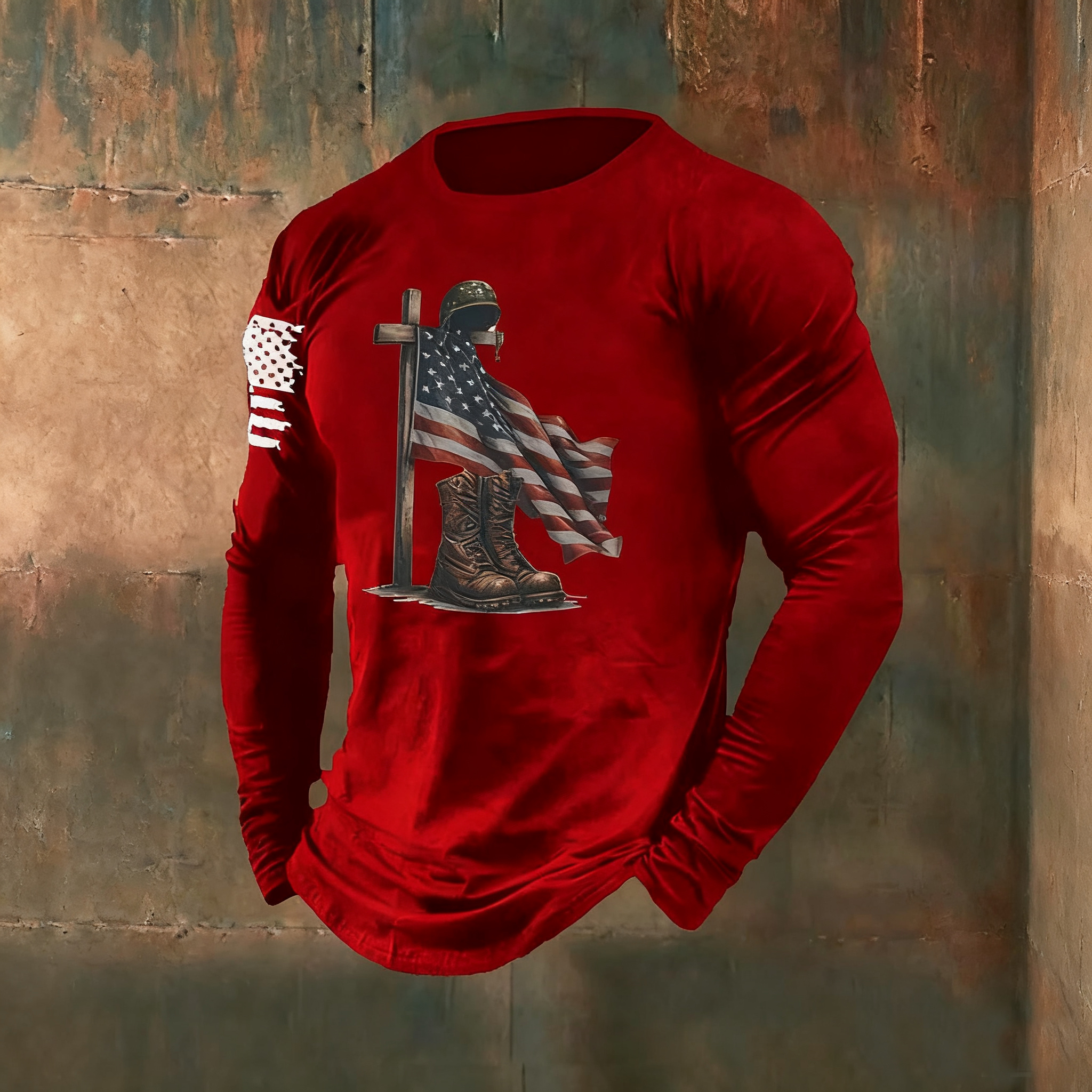 Men's Aintage Faith Veteran Flag Print Long Sleeve Cotton T-Shirt