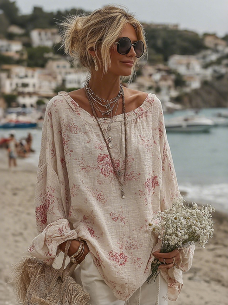 Women's Roses Print Crew Neck Linen Blend T-shirt