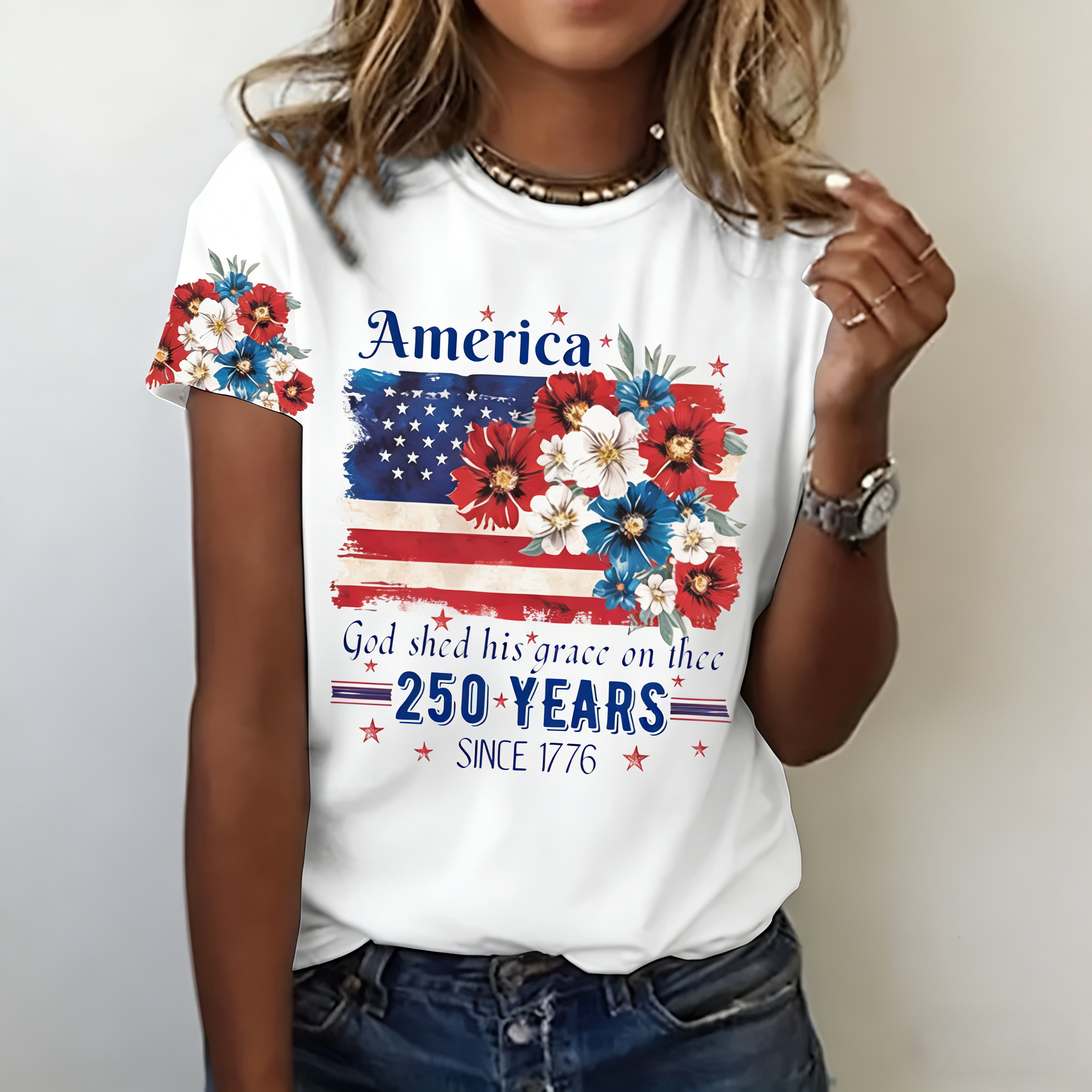 Women's 250th Anniversary National Flag Floral Print Casual T-Shirt