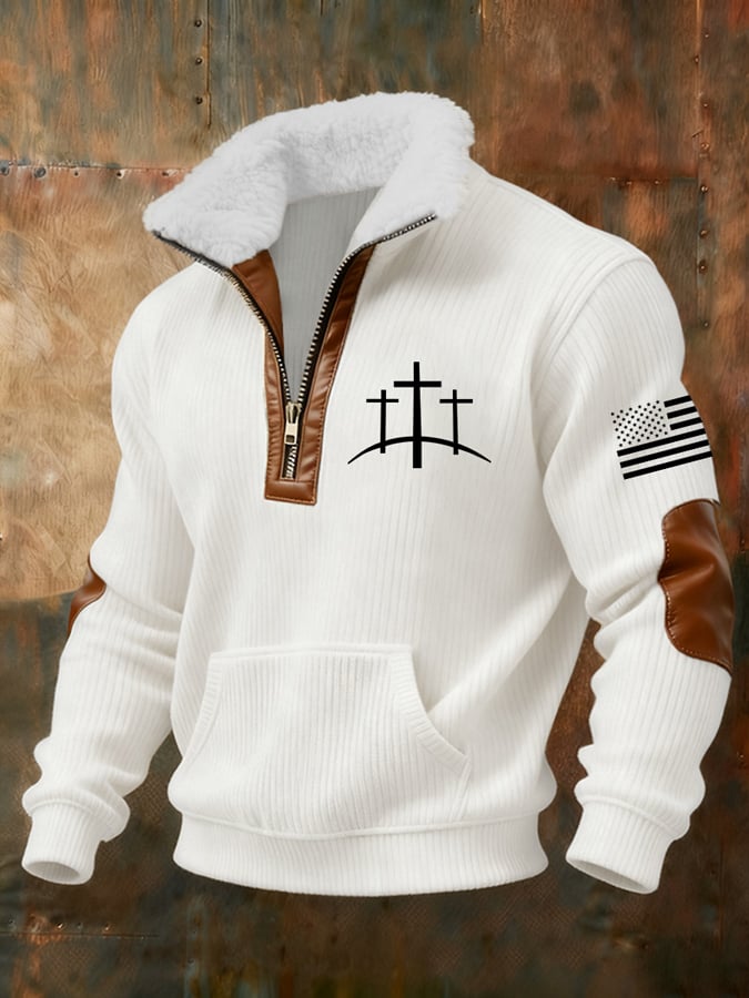 Men's Retro Faith Cross Jacquard Texture Design Zippered Fur Collar Pocket Patchwork Long-Sleeved Sweatshirt