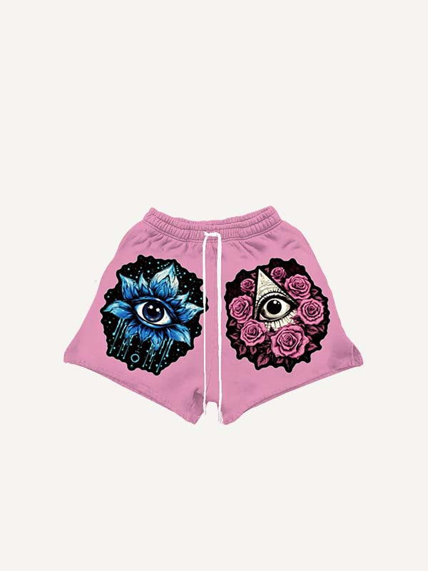 Eye&Floral&Graphic Print Drawstring Waist Shorts