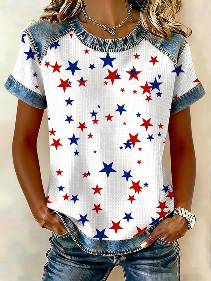 Women's casual blue, red, and white star waffle-knit T-shirt