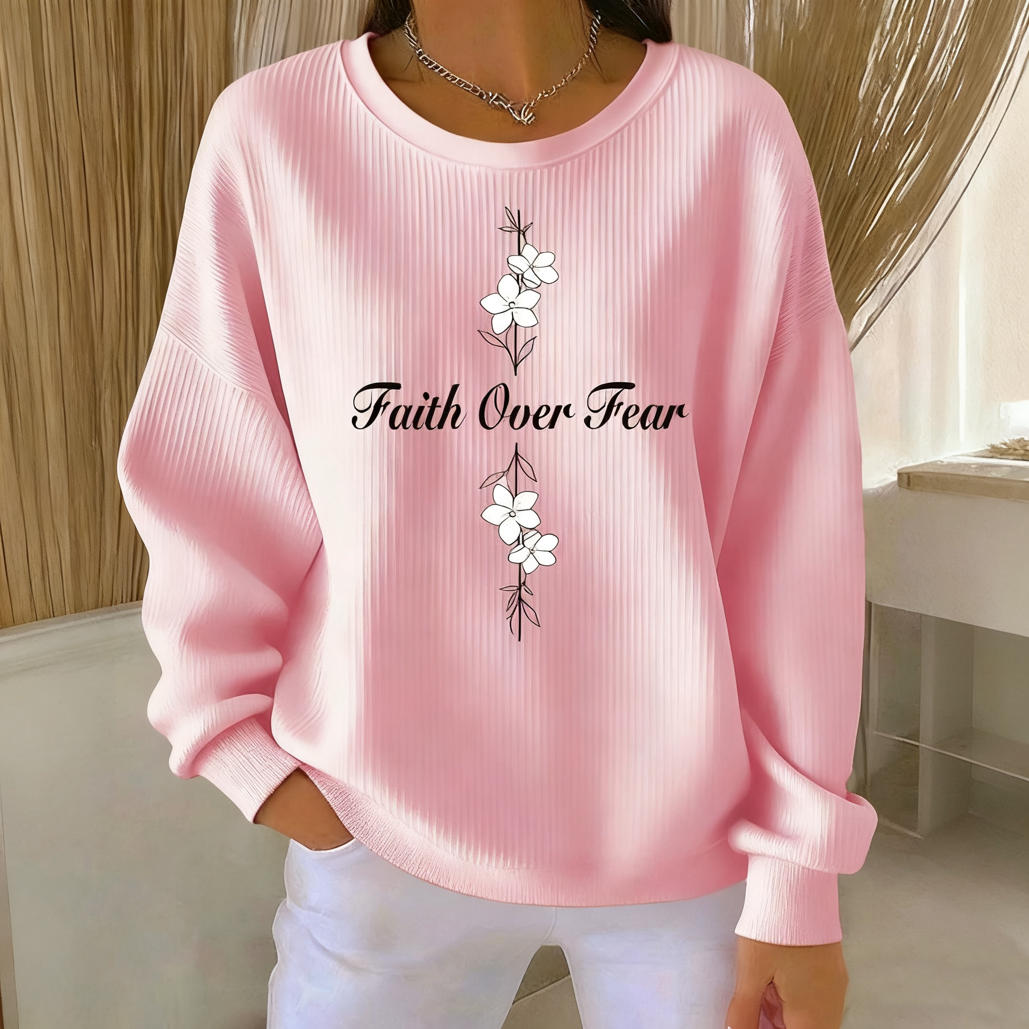 Women's Casual Faith Overcomes Fear Textured Sweatshirt