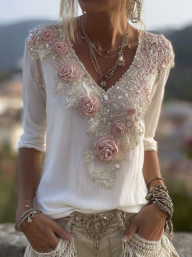 Boho Pink Floral Lace V Neck Comfy Linen Tunic