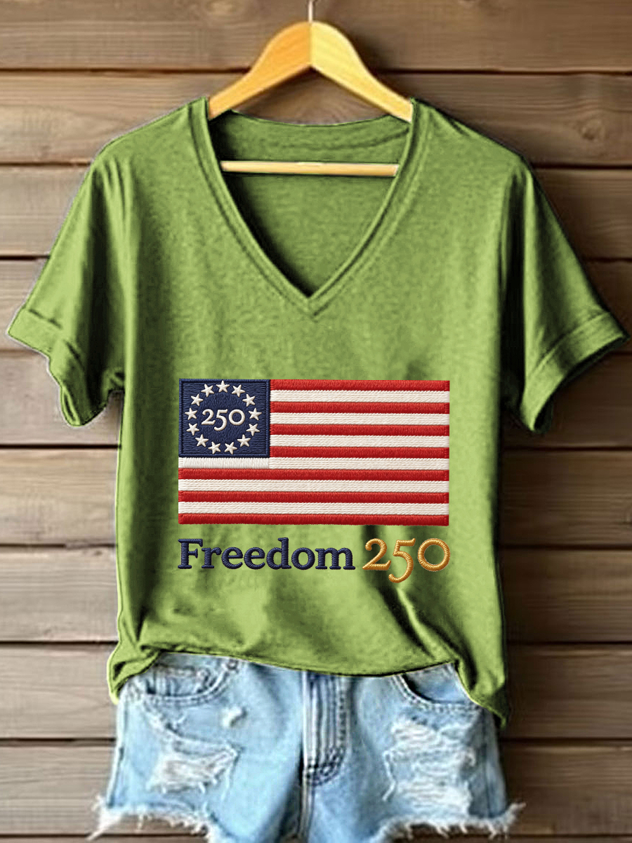 Women's Freedom 250th Anniversary Embroidered V-Neck T-Shirt