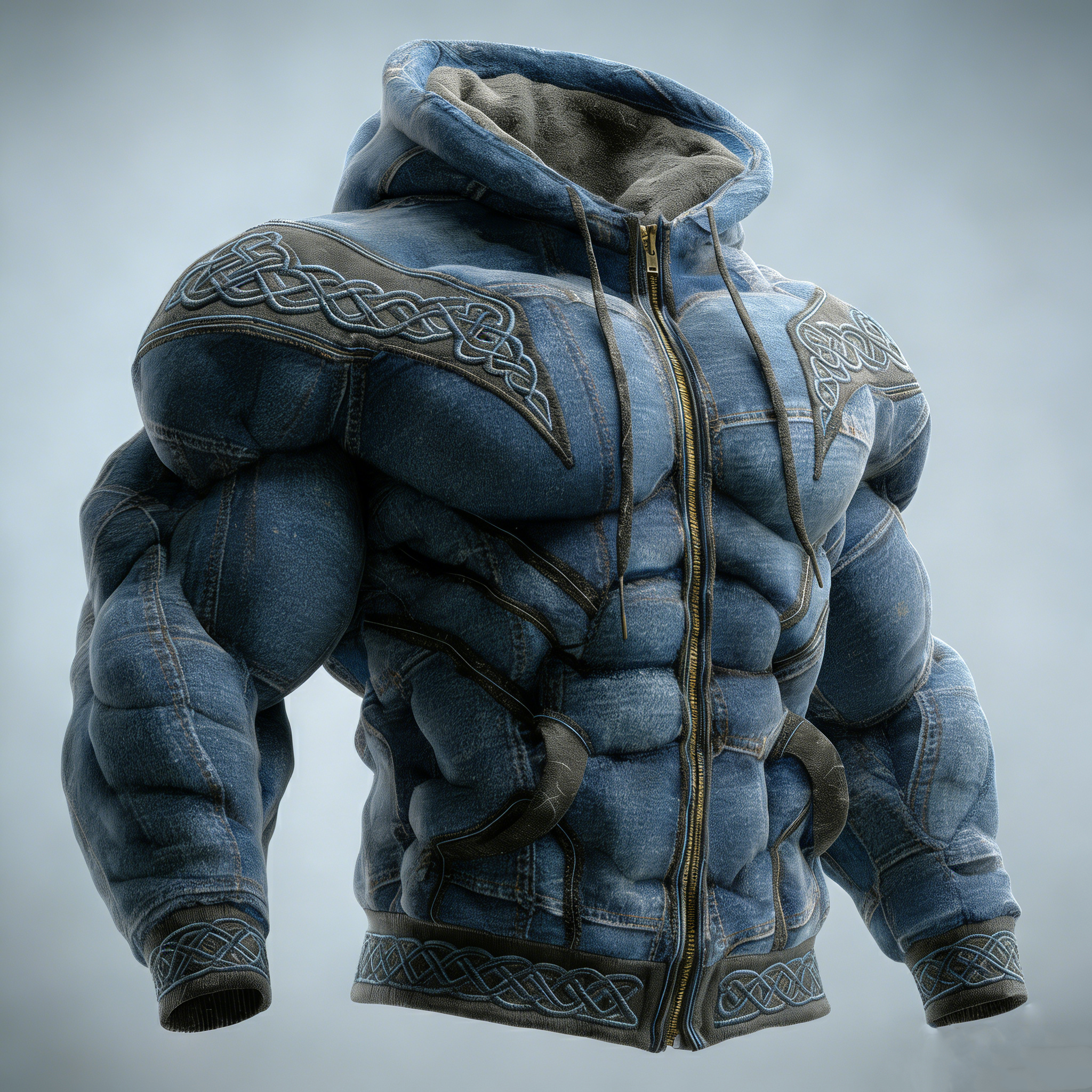 Retro Viking Celtic Knot Contrasting Embroidery Distressed Denim Warm Hooded Jacket