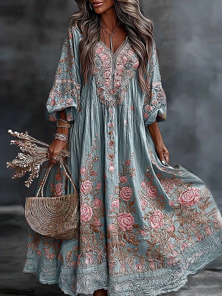 Women's Retro Floral Art Flowy Linen Blend Casual Long Sleeve Maxi Dress