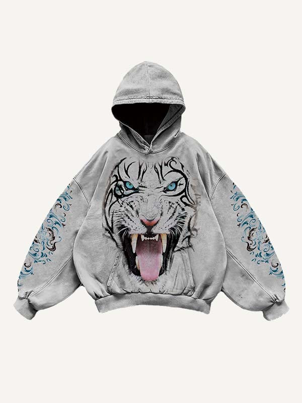 Tiger&Graphic Print Slant Pockets Hoodie