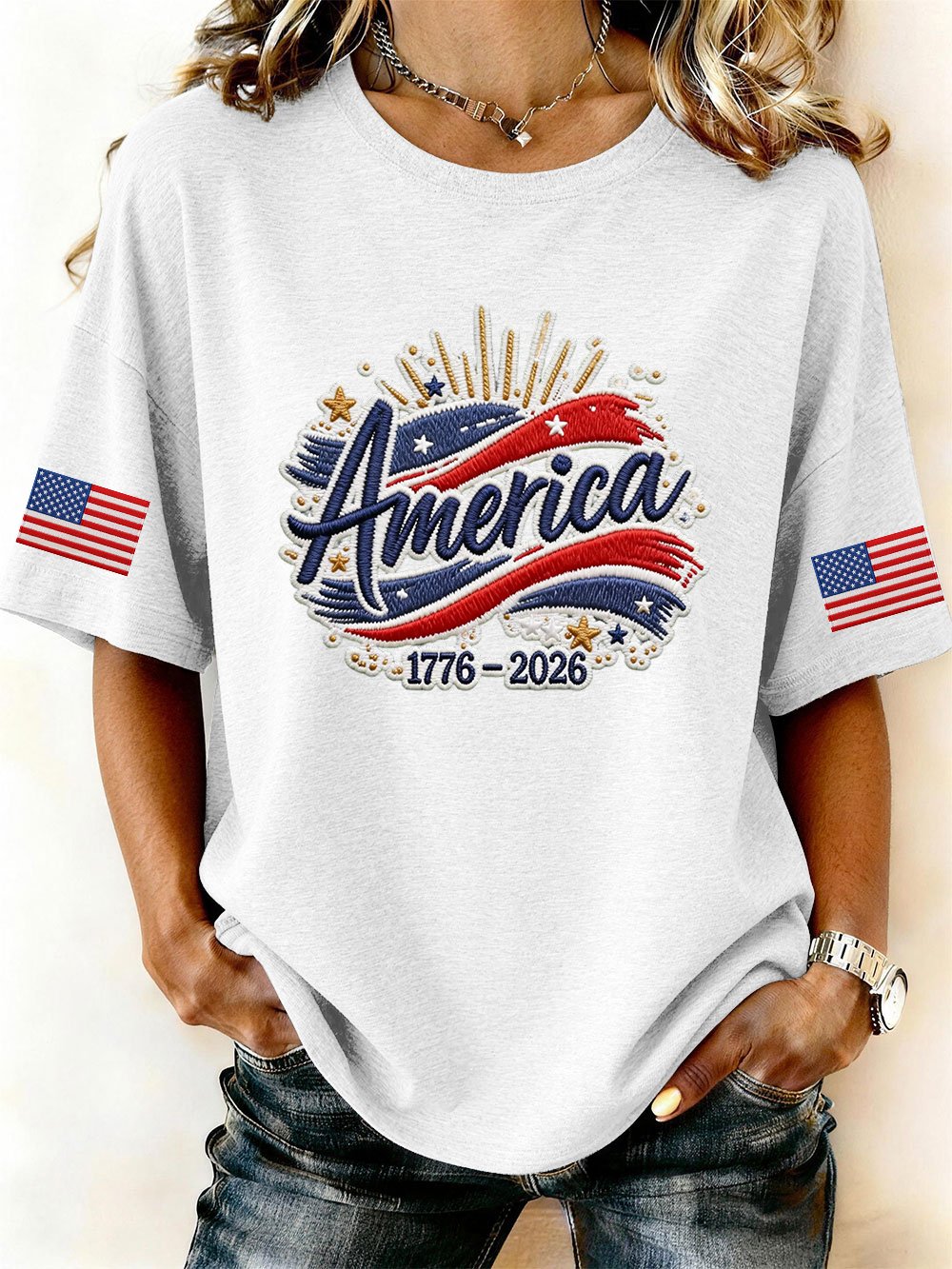 Women’s USA 250th Anniversary Embroidered Print Crew Neck Short Sleeve T-Shirt