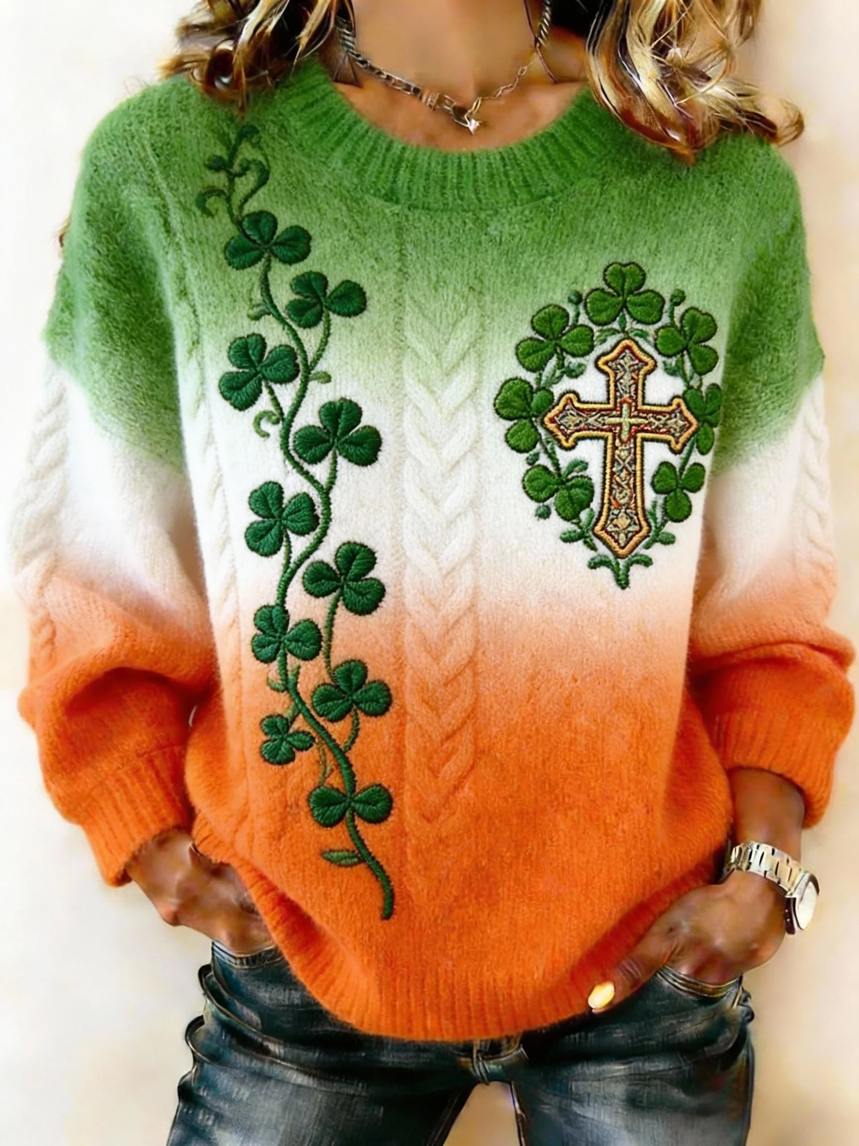 Women's St. Patrick's Day Clover Cross Print Crew Neck Sweater-Fast Shipping