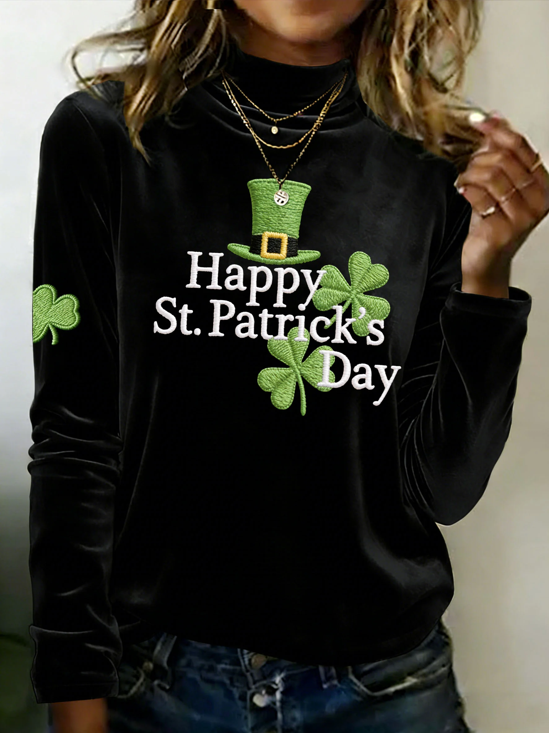 Women's Autumn/Winter St. Patrick's Day Shamrock Print Velvet Casual Top