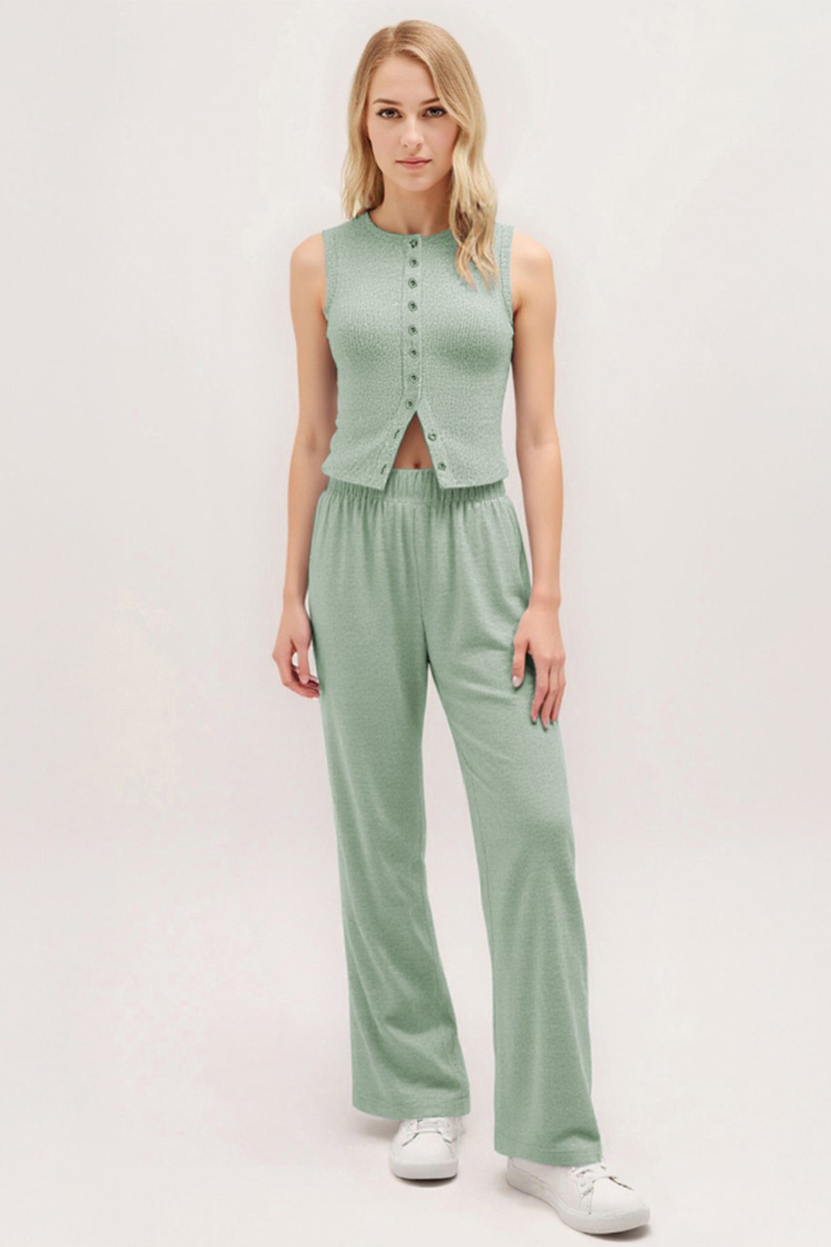 Leisure Round Neck Button Tank Top & Stretchy Trousers Co-ord