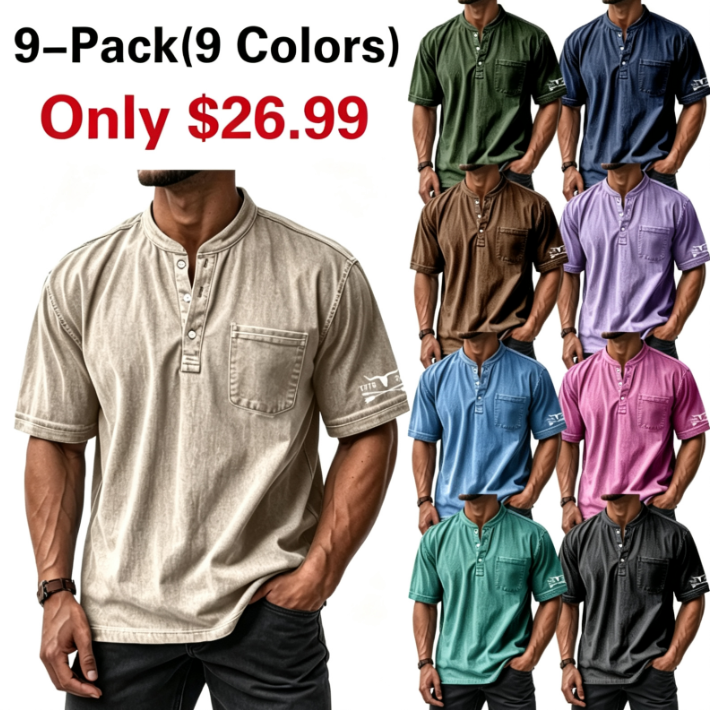 Men's Washed Cotton Short Sleeve Henley T-Shirt