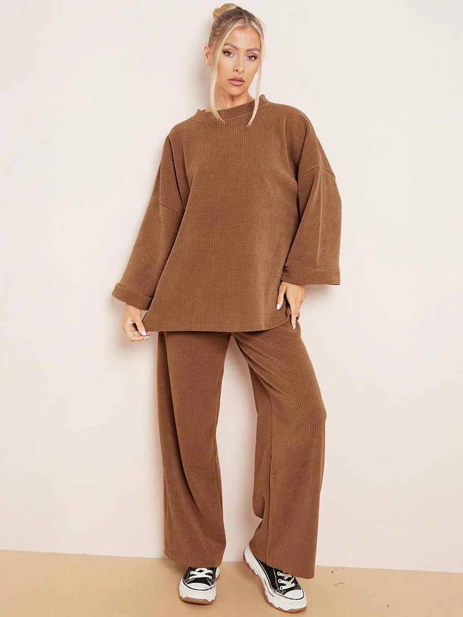 KatchMe Women's Casual Solid Color Loose Top & Wide Leg Pants Co-ord(8-18UK), Plain Two-Piece Outfits for Fall & Winter, Comfortable Womenswear